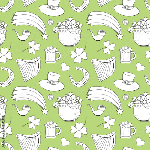 Saint Patrick. Spring. March 17. Spring holiday. Leprechaun. Hat. Gold. Clover. Four leaf clover. Luck. Doodle. Decor set. Pattern set. St. patrick seamless vector print.