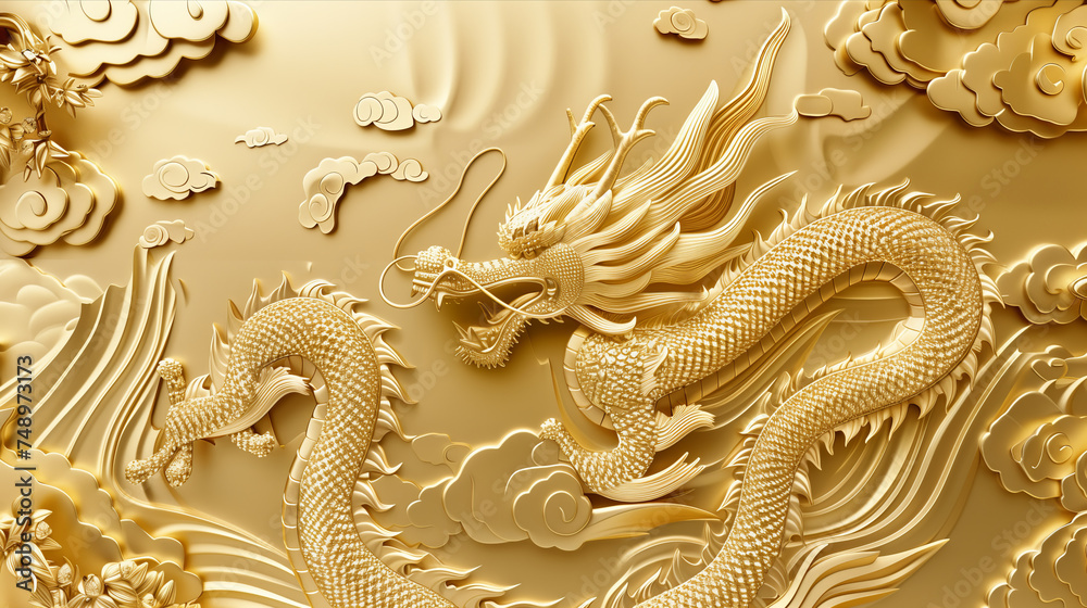 3D Chinese dragon golden paper cutting. 3D Chinese dragon golden paper cutting.