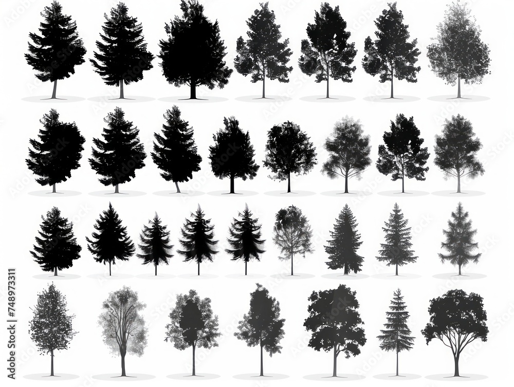 Big Collection of Tree Silhouettes on White Background Generative AI - obrazy, fototapety, plakaty 