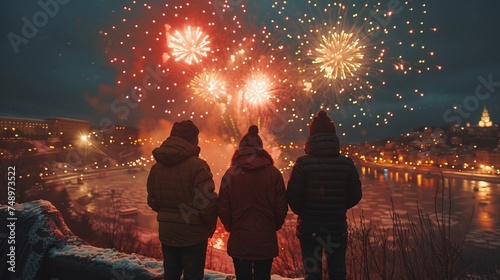 three people are standing in front of a fireworks display