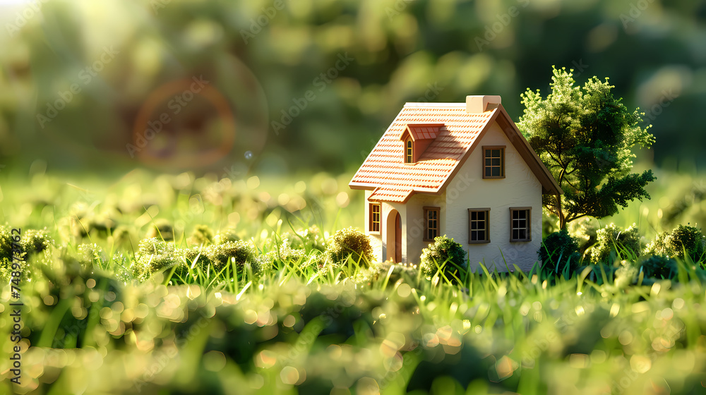 House model, green bokeh background, real estate concept