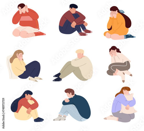 Depressed sad teen characters with psychology problems. Problems stress psychotherapy mental health depression concept