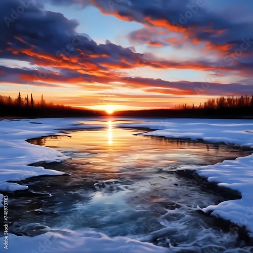 sunrise over the lake with milky way on the sky beautiful view in winter