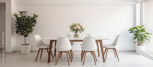 A white dining room table is surrounded by white chairs with bouquets of flowers placed on top. The room is well-lit with a closed door in the background and a vibrant green potted plant adding a
