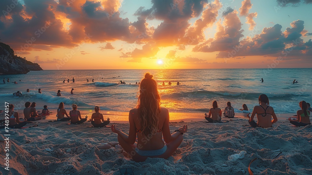 a group of people are sitting on the beach meditating at sunset - obrazy, fototapety, plakaty 