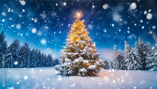 christmas winter blurred background xmas tree with snow holiday festive background widescreen backdrop new year winter art design with snowflakes nature scene © Adrian