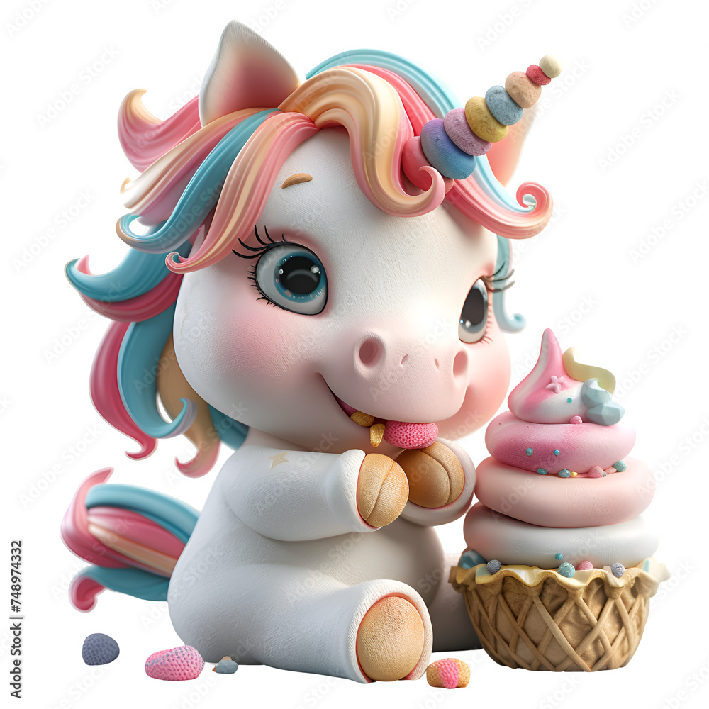 A 3D animated cartoon render of a playful unicorn eating sherbet.