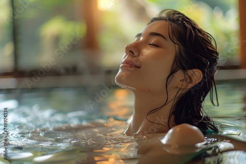 Woman enjoying indoor hot springs