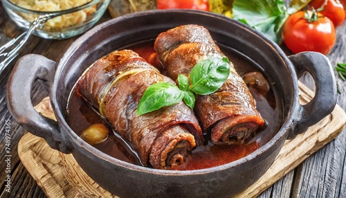 traditional german meal of beef roulades in roast pot