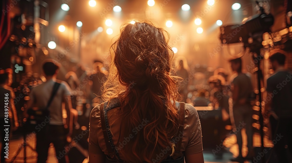 a woman is standing in front of a crowd of people at a concert