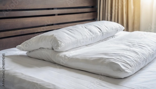white folded duvet lying on white bed background preparing for winter season household domestic activities hotel or home textile