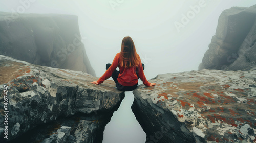 A woman is doing the splits between two rocks, enjoying the view around her. She appears relaxed and contemplative as she takes in her surroundings photo