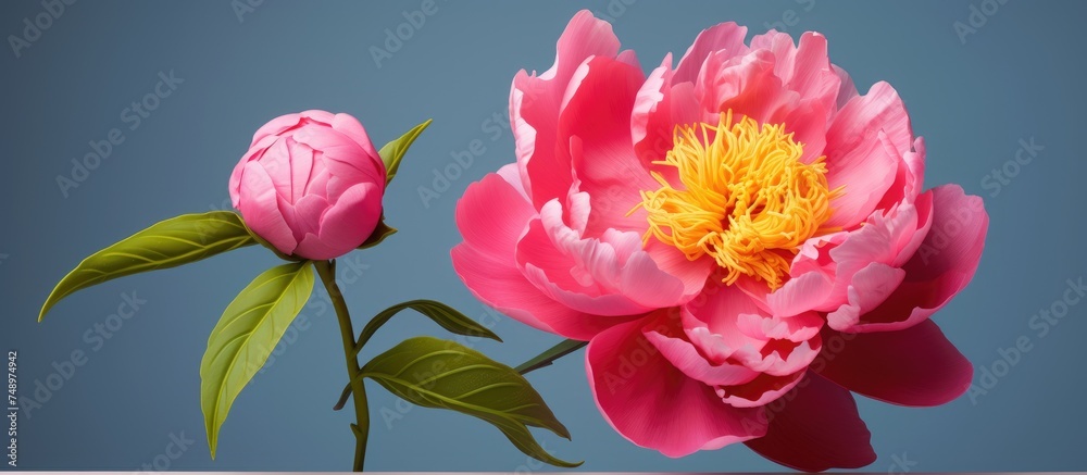 A vibrant pink peony flower stands out with its yellow center against a blue background. The intricate details of the flowers petals and contrasting colors create a visually striking image.