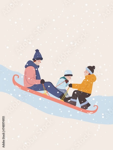 Winter Family Fun: Parents and Child Enjoying a Sledding Adventure Generative AI