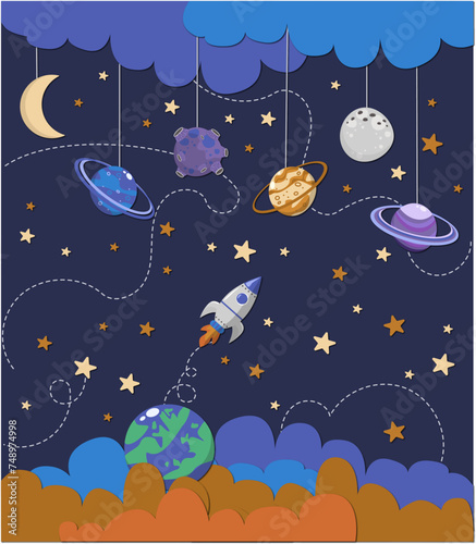Hand drawn space elements planet, rocket, star, cloudsю. Space background. Space doodle illustration. Vector illustration. Seamless pattern with cartoon space rockets, planets, stars, papercraft style