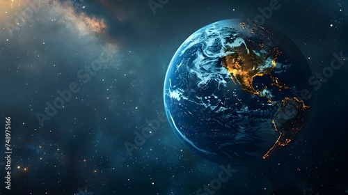 Glowing Earth globe with illuminated city lights against dark outer space backdrop. Concept Earth Globe, City Lights, Dark Space, Illuminated, Glowing