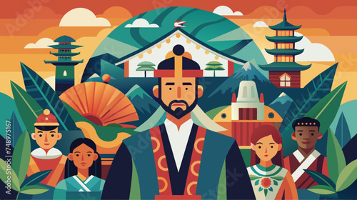 Traditional Asian Culture Illustration With Iconic Landmarks and People