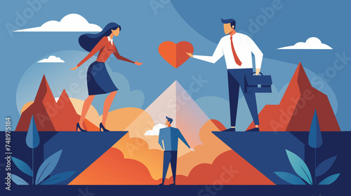 Businessman Handing Heart to Partner in Mountainous Landscape