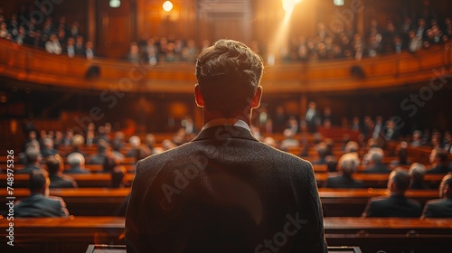 a man in a suit is giving a speech in front of a crowd in an auditorium photo