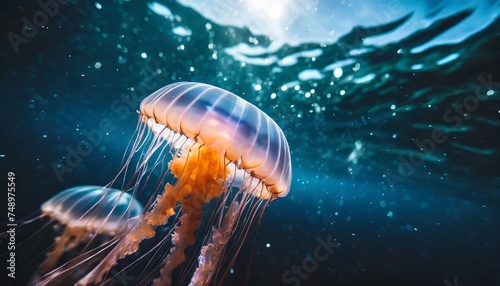 jellyfish swim deep in blue sea medusa neon jellyfish fantasy in space cosmos among stars