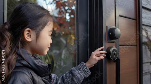 A young girl , around 12 years old, is touching a smart lock on a door with curiosity and wonder.