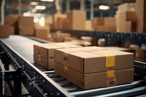 Cardboard boxes parcels on a conveyor belt, transport goods delivery and logistics, logistics warehouse