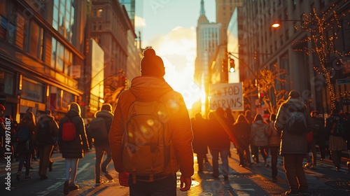 a group of people are walking down a city street at sunset