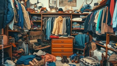 cluttered wardrobe room with clothes scattered, shoes askew, and accessories in disarray.