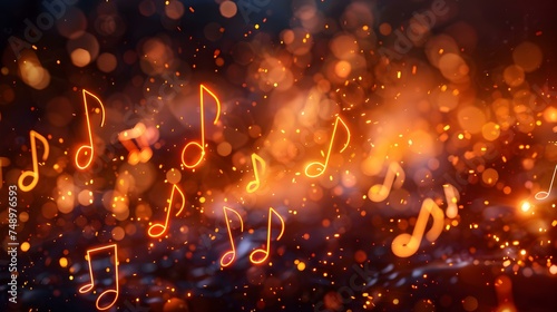 The Beauty of Melody: Vibrant and Glowing Musical Notes Floating in the Air. Concept Music, Melody, Vibrant colors, Floating notes, Glowing effect