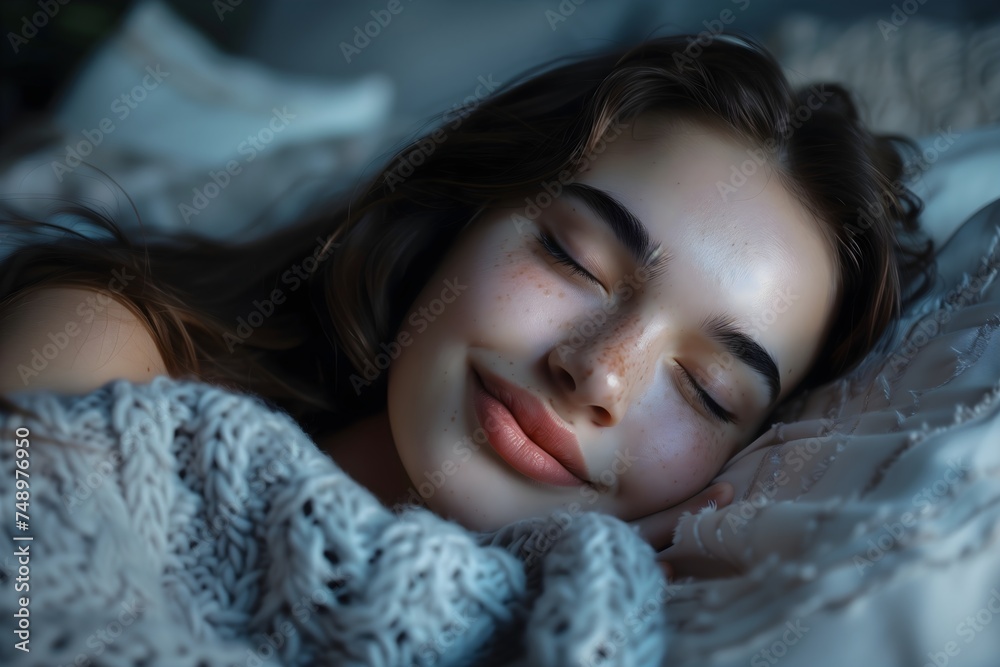 Dreamy Smile on Young Woman's Face As She Sleeps in Knitted Blanket Dreamy Smile on Young Woman's Face As She Sleeps in Knitted Blanket