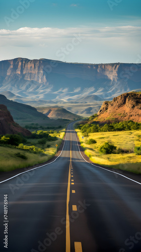 Open Road Adventure: An Inviting Asphalt Road to The Horizon Between Mountains and Blue Sky