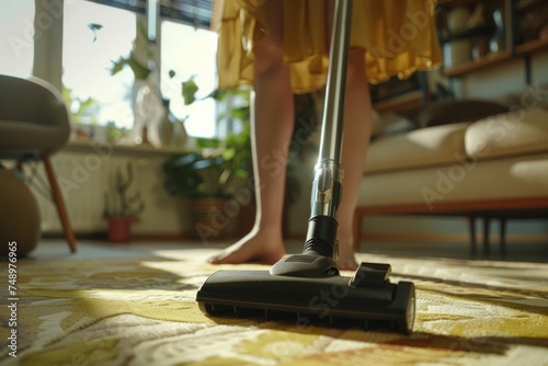 An individual is cleaning a patterned carpet with a vacuum cleaner in a comfortable, warmly lit home environment photo