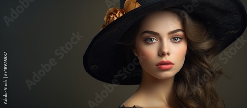 A cute young woman wearing a black hat adorned with a delicate flower, adding a touch of elegance to her beauty portrait.