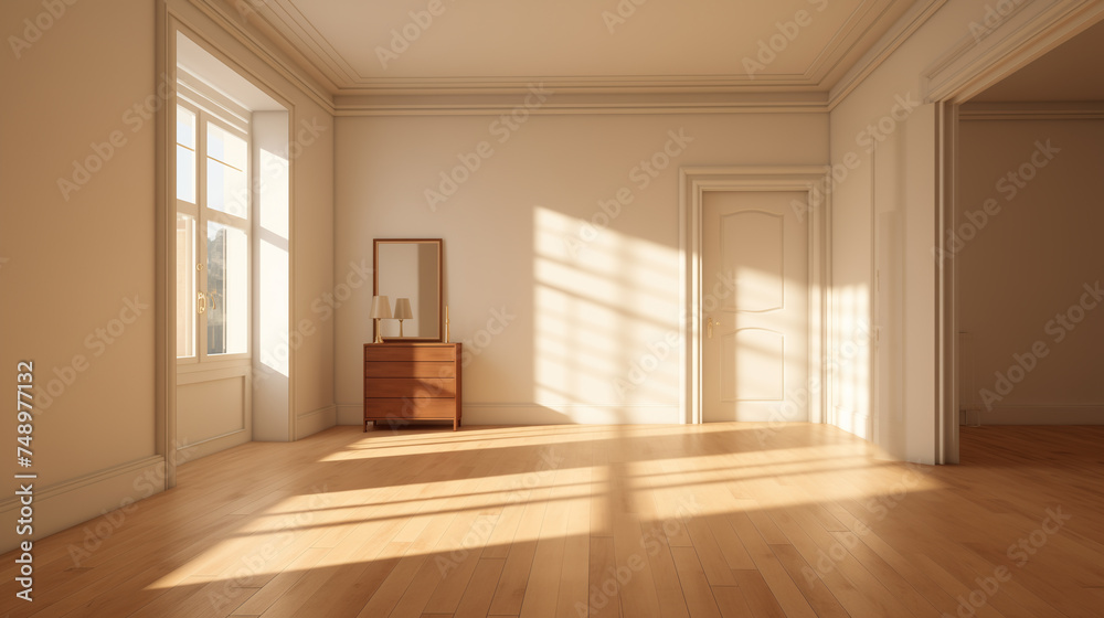 Obraz premium Warm afternoon light filtering through windows in a serene empty room with wooden furnishings