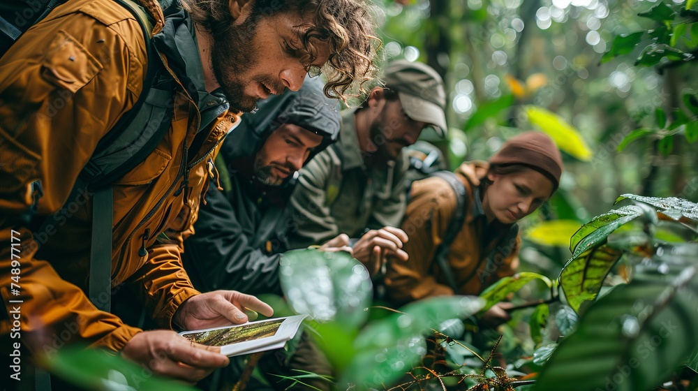 a group of people are looking at a map in the jungle