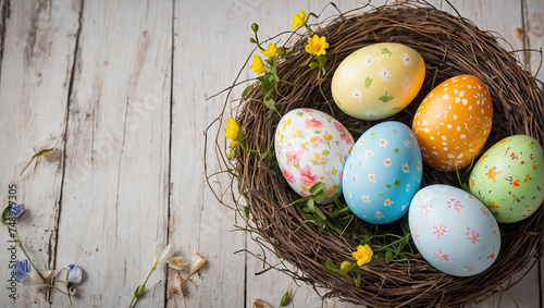 Multicolored Easter eggs on the table with spring flowers - Easter banner with a space for text. rustic Easter background. 