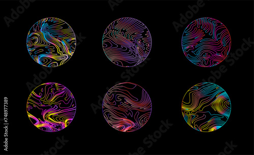 Elegant holographic circles with psychedelic wavy pattern in neon bright colors.