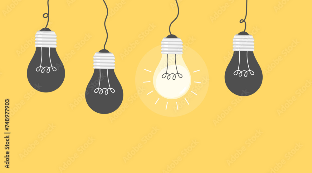 hanging lightbulbs turned off flat style yellow background - obrazy, fototapety, plakaty 