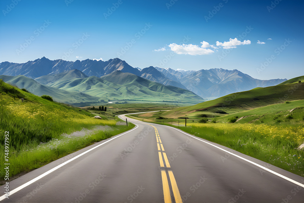 Open Road Adventure: An Inviting Asphalt Road to The Horizon Between Mountains and Blue Sky