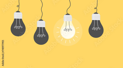 hanging lightbulbs turned off flat style yellow background photo