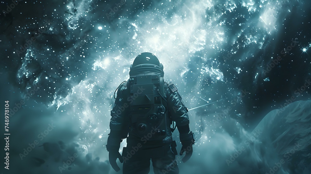 Fototapeta premium Zero Gravity Adventures: Exploring the Cosmos Surrounded by Twinkling Stars. Concept Space Travel, Zero Gravity, Exploration, Cosmic Adventure, Twinkling Stars