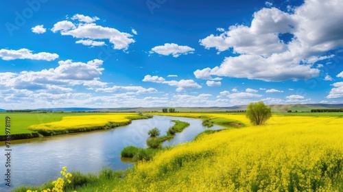Spring panorama: winding river, vibrant yellow fields, lush greenery, and blue skies with clouds