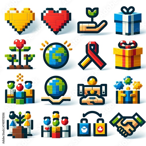 Donation and charity care icons set made from lego blocks