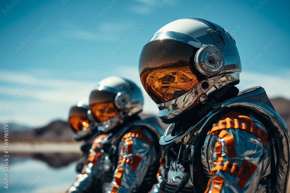 Three astronauts in futuristic suits. Generative AI Three astronauts in futuristic suits. Generative AI