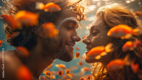 a man and a woman are kissing underwater surrounded by fish