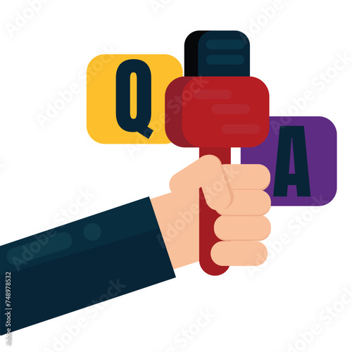 Vector illustration of a hand holding a microphone, suitable for journalist content and Q&A, interviews