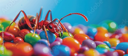 A red spider is perched atop a colorful pile of assorted candies  showcasing a stark contrast between the vibrant sweets and the arachnid.