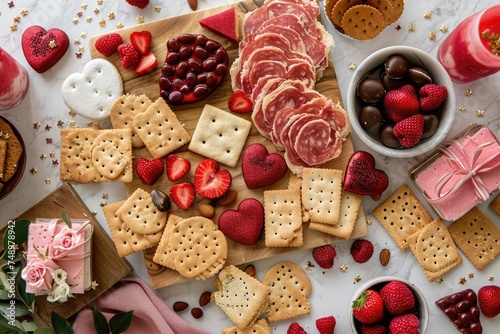 Assorted festive snacks and treats arranged beautifully for a celebration of love or a special occasion