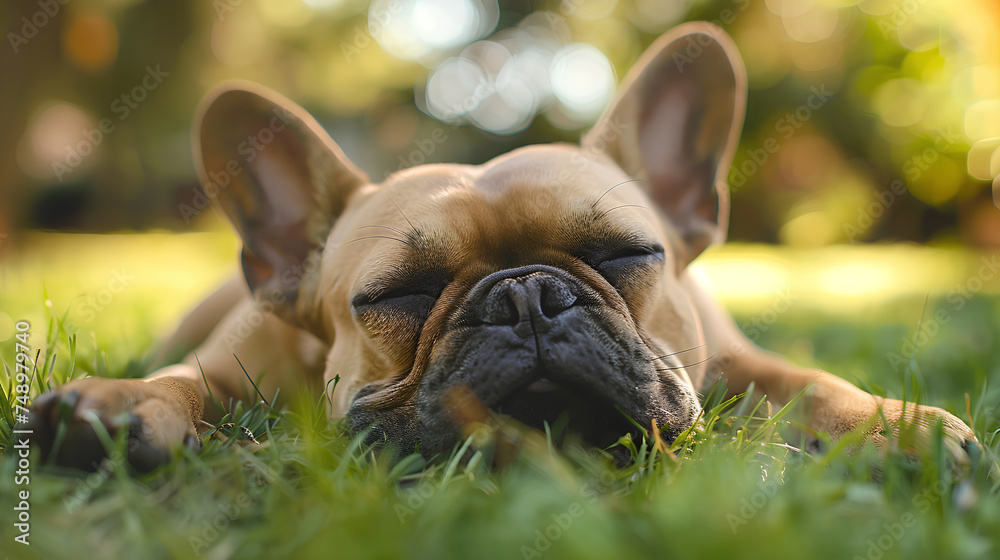 Smiling face cute lovely French Bulldog lying on the grass in a Summer park, Funny lovely pet dog, Dog on the background of nature. Generative AI