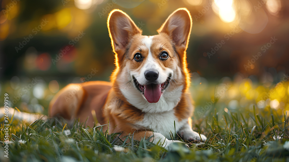 Smiling face cute lovely Corgi lying on the grass in a Summer park, Funny lovely pet dog, Dog on the background of nature. Generative AI